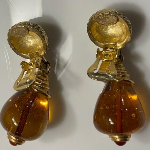Vintage Roxanne Assoulin Amber Glass & Crystal Dangle Gold Tone Clip Earrings - Picture 7 of 9